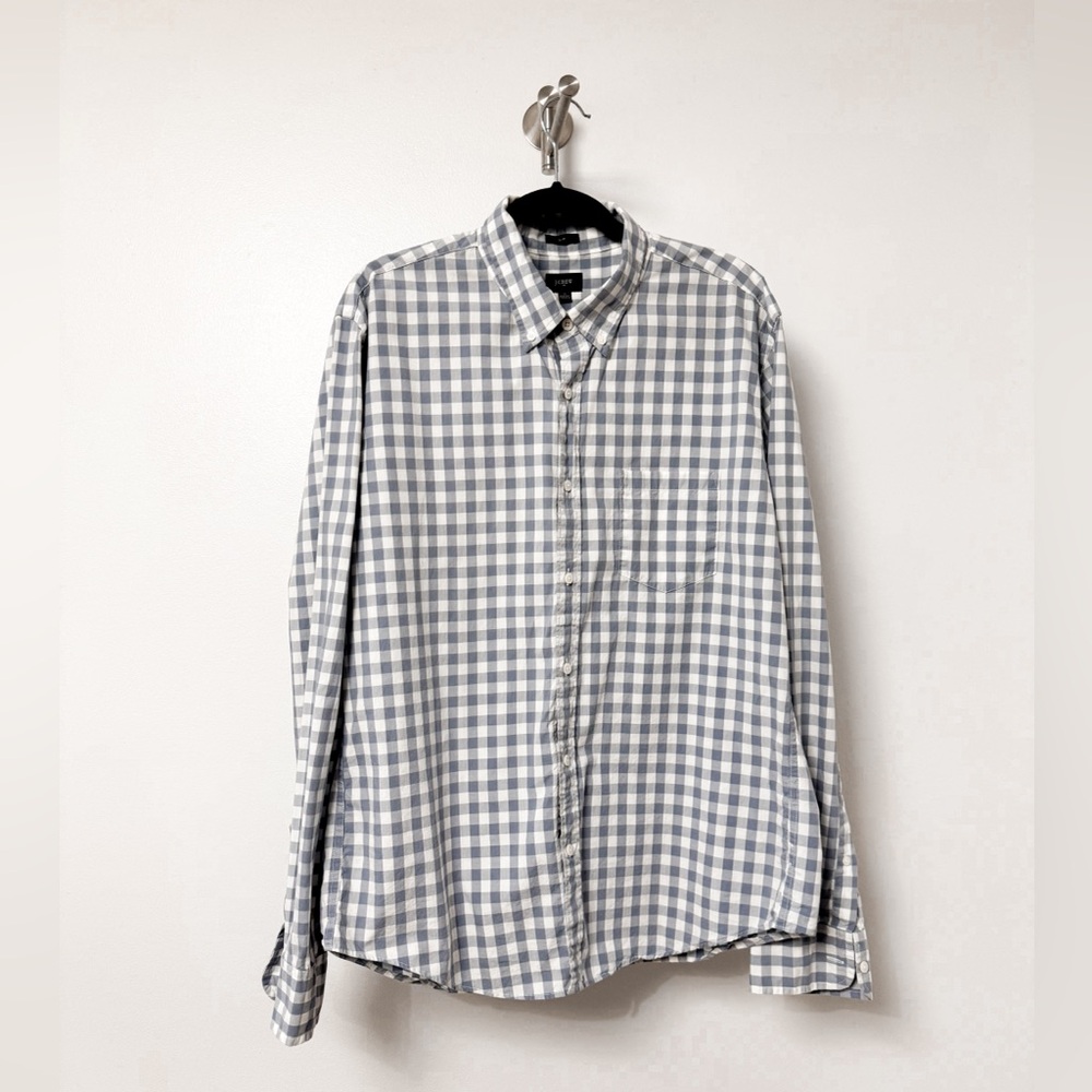 J. Crew Men's Slim Fit Checkered Plaid Holiday Chic Shirt Gray White XL
